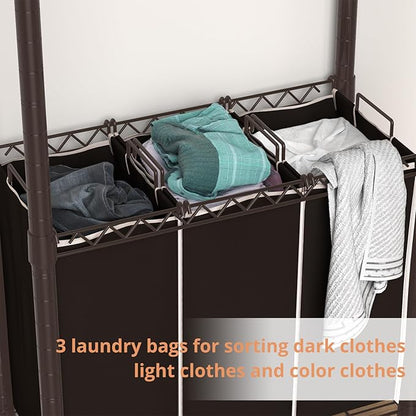Hodonas 3-Section Laundry Sorter With Hanging Bar, Rolling Hamper Cart, Basket Organizer, Hanging Rack, Lockable Wheels and Removable Bags for Clothes Storage, Espresso