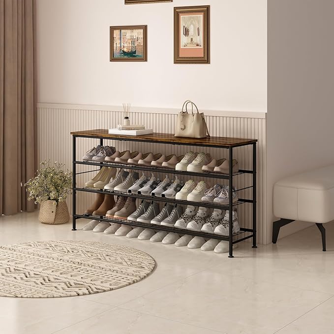 SUOERNUO Shoe Rack Organizer 4 Tier for Closet Entryway Free Standing Metal Storage Shoe Shelf with MDF Top Board (Black+Rustic Brown, Large 4 Tier)