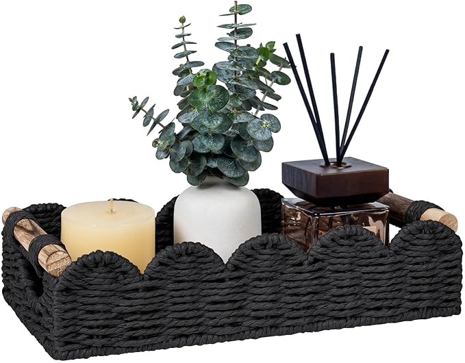CubesLand Bathroom Basket Organizer w/Cut Out Handle, Back of Toilet Paper Storage Baskets for Bathroom Countertop Decorative, Small Scalloped Wicker Basket Also for Home Decor, Living Room, Black