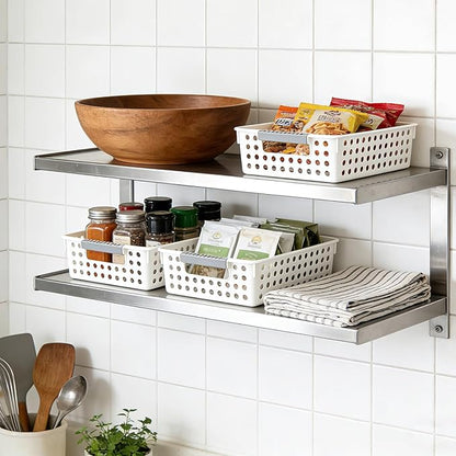 Soddeph 4 Pack Small Plastic Storage Baskets for Organizing, Stackable Bins with Handles for Shelves, Multipurpose Drawer Trays (White)