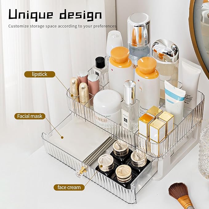 Acrylic Makeup Organizer for Vanity,Cosmetic Display Cases with 1 Drawers and 1 Tray,Stackable Countertop Cosmetics Storage,for Makeup Brush,Hair Accessories,Lipstick and Jewelry,Skincare