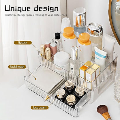 Acrylic Makeup Organizer for Vanity,Cosmetic Display Cases with 1 Drawers and 1 Tray,Stackable Countertop Cosmetics Storage,for Makeup Brush,Hair Accessories,Lipstick and Jewelry,Skincare