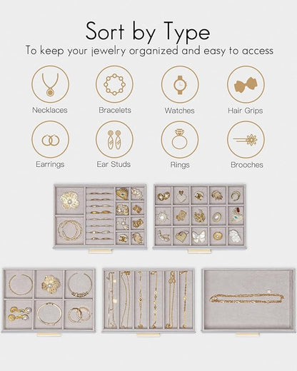 VLANDO 5 Layer Jewelry Box for Women, Glass Lid Jewelry Organizer with 5 Drawers for Necklaces Rings Earrings Bracelets - Grey