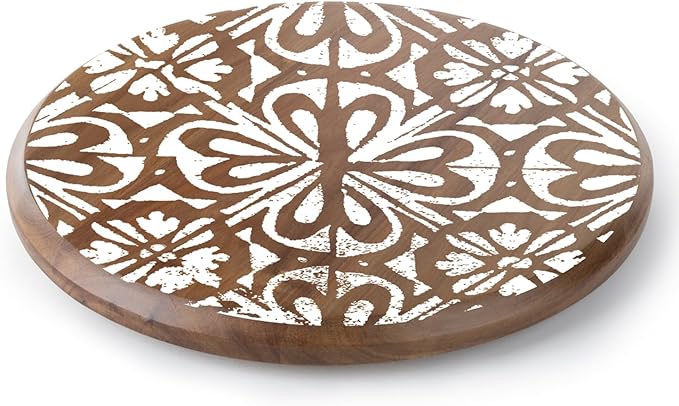 CounterArt Decorative Round Natural Wood Lazy Susan Turntable 14" Diameter Condiment Caddy, Cheese Server, Cake Plate, Spice Organization (White Tile Medallion)