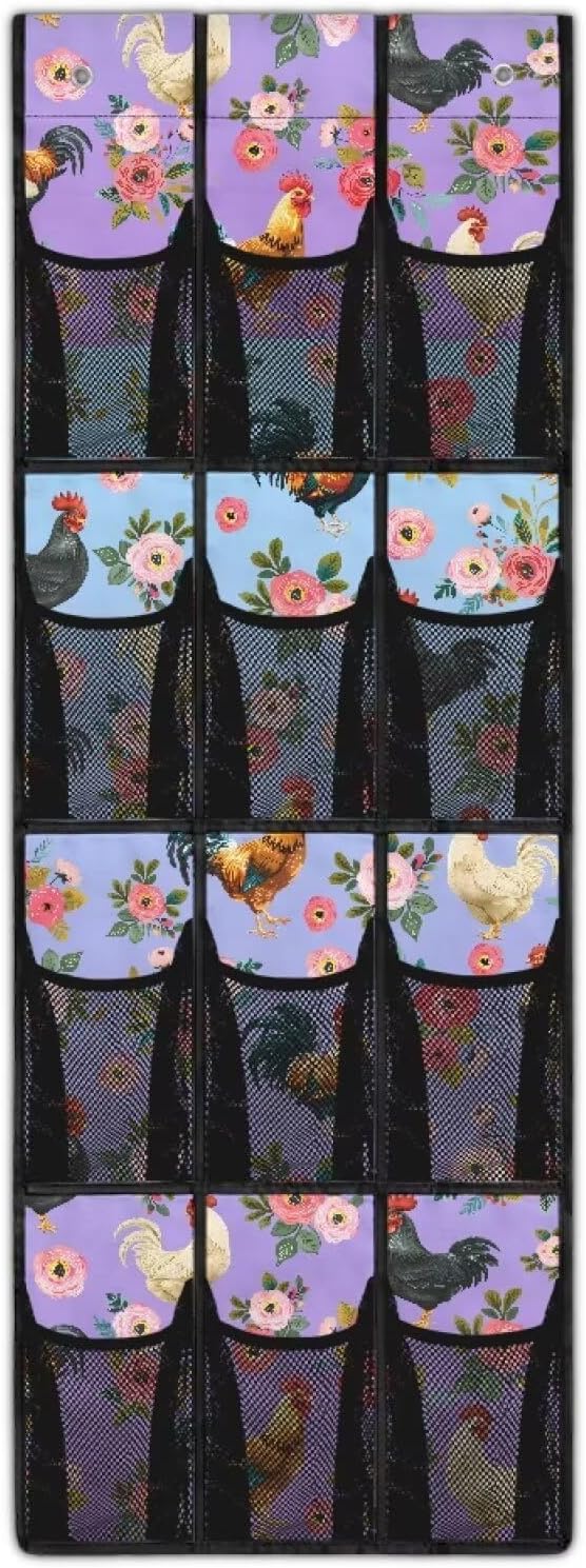 Rooster Rose Over The Door Shoe Organizer,Hanging Shoe Organizer with 12 Mesh Large Pockets,Door Shoe Rack Organizer for Men Women Kids,Hanging Shoe Storage Bag,Closet Rack for Home