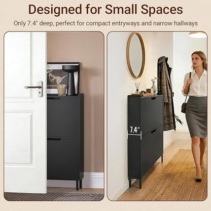Haotian Slim Shoe Cabinet Entryway, Hidden Shoe Storage with Two Flip Drawers to Save Space, Freestanding Shoe Rack for Front Door, Entryway, Hallway (Black)