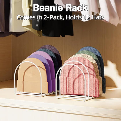 2 Pack White Metal Beanie Organizer for 12 Hats, Vertical Knitted Hat Display Stand for Multiple Hats, Beanie Storage for Closet Entryway Desktop Bedroom