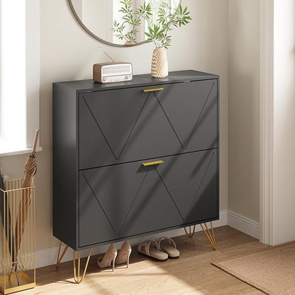 Shoe Storage Cabinet with 2 Flip Drawers, Shoe Cabinet Storage Entryway Slim, Black Narrow Shoe Cabinet w/Gold Handles & Metal Legs, Hidden Freestanding Shoe Organizer for Hallway