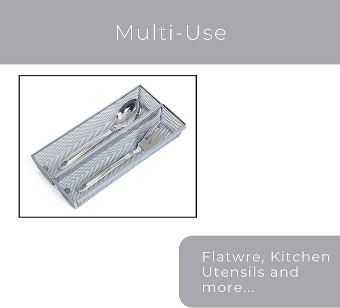 Smart Design Drawer Organizer - (12 x 3 Inch) - Steel Metal Mesh Tray - w/ Interlocking Arm Connection - Utensils, Silverware, Organization - Kitchen [Silver]
