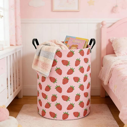 Round Foldable Girls' Storage Basket Kids Laundry Hamper Pink Gift Basket Suitable For Home Decoration Office and Toy Storage(Strawberry)