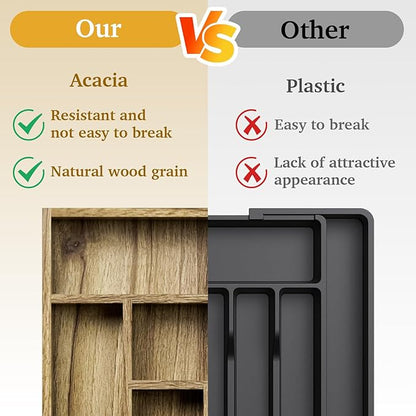Kiasthome Acacia Wood Silverware Drawer Organizer, Kitchen Utensil Cutlery Drawer Organizer with Dividers, Flatware Organizer, Silverware Tray Holder for Spoons, Forks, 11.8''x16.5'' (6 Slots)