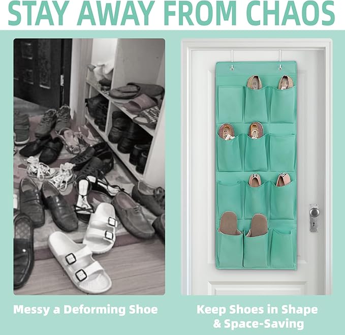 Over the Door Shoe Organizer, Hanging Shoe Rack Storage Holder with 12 Large Pockets for Closet Door, Men Women Kids Shoes, Cruise(Green