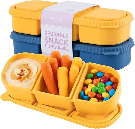 2 Pack Silicone Snack Containers, 3-Compartment Snackle Box with Leak Proof Lids, Reusable Small Divided Food Storage for Kids Lunch, School Travel Adults