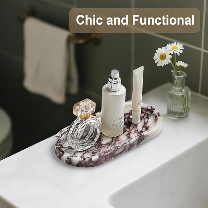 Natural Marble Vanity Tray - Moujings Genuine Marble Perfume Tray for Bathroom Decor, Stone Bathroom Vanity Organizer Tray for Kitchen Counter, Candles, Jewelry, Coffee, Makeup, Key