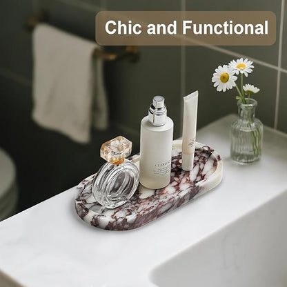 Natural Marble Vanity Tray - Moujings Genuine Marble Perfume Tray for Bathroom Decor, Stone Bathroom Vanity Organizer Tray for Kitchen Counter, Candles, Jewelry, Coffee, Makeup, Key
