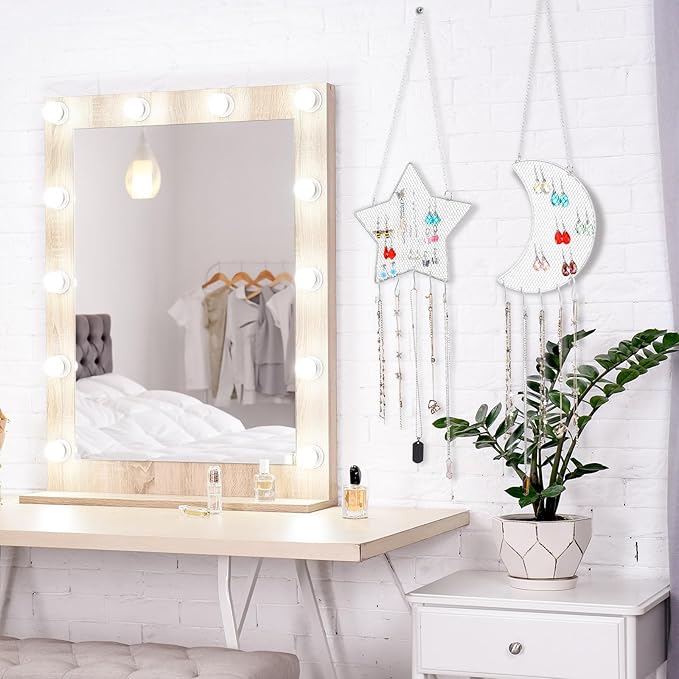 Jetec 2 Pcs Earring Wall Holder Wall Mounted Organizer Hanging Stand Decorative Diamond Grid Shape Jewelry Display Rack with Hanging Hooks for Earrings Necklace Bracelet(White)