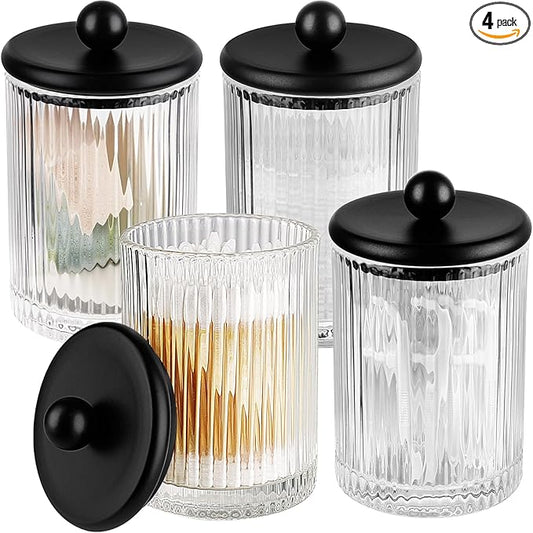 SheeChung 4-Pack Black Ribbed Glass Qtip Holder - Apothecary Jars Bathroom Organizer Set with Lids - Vanity Storage Canisters for Cotton Balls, Pads, Swabs, Floss Picks - Modern Farmhouse