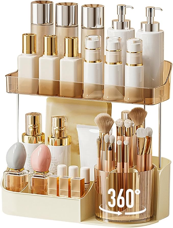 DASITON Large Capacity Makeup Organizer with 360° Rotating Makeup Brush Holder, Perfume and Skincare Storage Organizers for Vanity Bathroom Countertop, Cosmetic Display Case (Cream, 2 Tier)