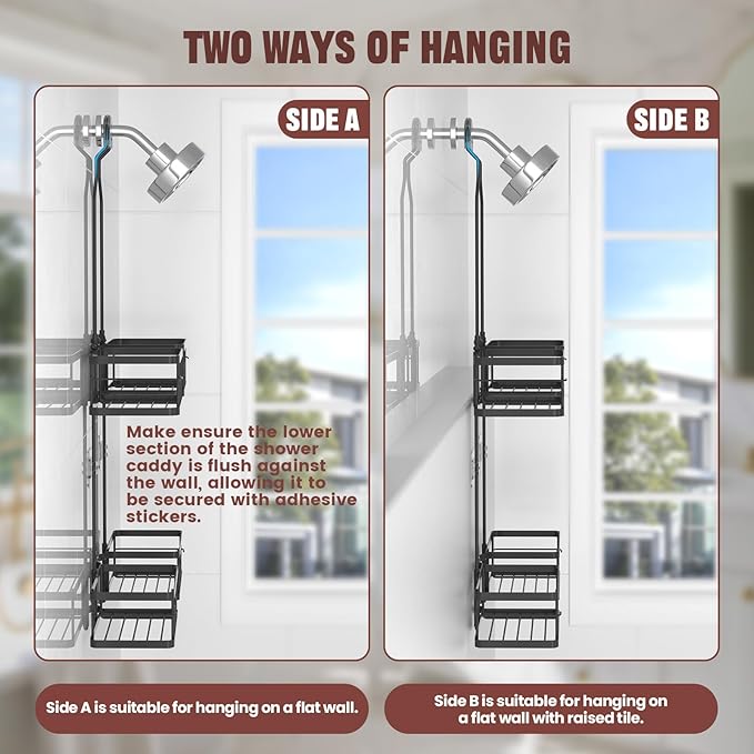 REINHARDT Adjustable Shower Caddy Hanging Rustproof Shower Caddy for Handheld Showerheads, Shower Organizer with Hooks Soap Holder Toothbrush Holder, Anti-Swing Shower Rack Bathroom Accessories, Black
