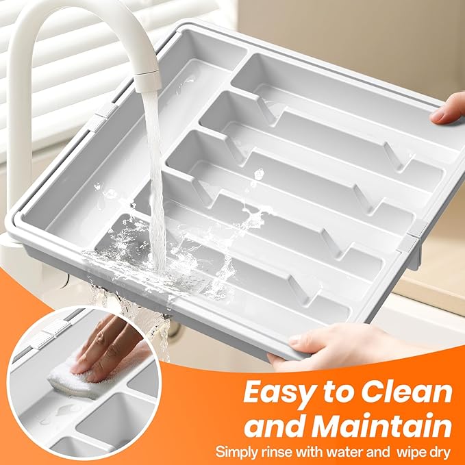 RoomHacks Large Silverware Organizer,Expandable Utensil Drawer Organizer,BPA Free Utensil Holder,Adjustable Silverware Tray Cutlery Drawer Organizer for Kitchen Flatware,Large,White (6-8 Slots)