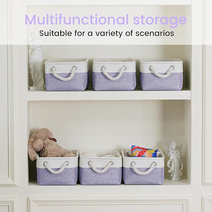 Storage Baskets for Shelves 11.8x7.9x5.2 Inch, Foldable Fabric Storage Bins with Handles, Small Storage Baskets for Organizing Closet, Office, Home Organization (3-Pack, White&Purple)
