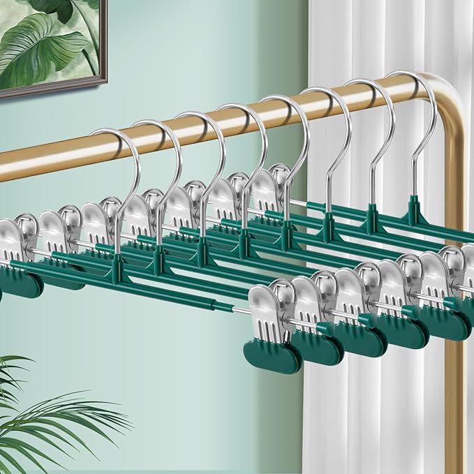 14Inch Clothes Pants Hangers with WideClips 10 Pack,Non-Slip Adjustable Skirt Hanger for Women,Space-Saving Heavy Duty Men Hangers for Pants,Trousers,Jeans,Shorts,Green
