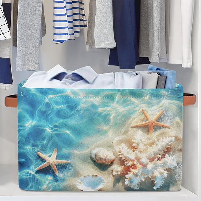 AUUXVA Storage Basket Tropical Sea Beach Starfish Seashell Storage Cube Box Durable Canvas Collapsible Toy Basket Organizer Bin with Handles for Shelf Closet Bedroom Home Office