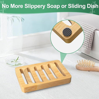 2 Pack Wooden Soap Holder Bamboo Soap Dish for Shower with Self Draining Tray Natural Bar Soap Holder and Soap Saver for Bathroom Kitchen Sink