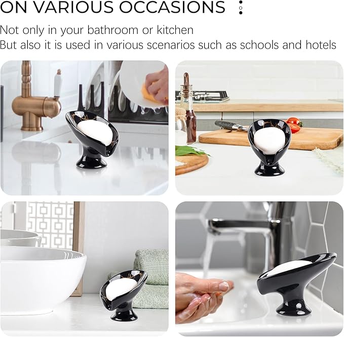 Soap Dish, Ceramic Soap Holder Self Draining Leaf Shape Bar Soap Holder, Marble Look Black Drain Soap Dish Holder for Bathroom, Easy to Clean Keeps Soap Dry, ANTIS'S HOME