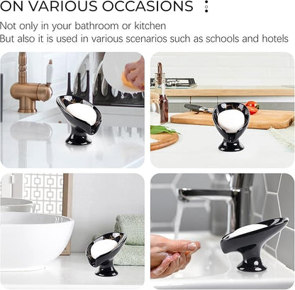 Soap Dish, Ceramic Soap Holder Self Draining Leaf Shape Bar Soap Holder, Marble Look Black Drain Soap Dish Holder for Bathroom, Easy to Clean Keeps Soap Dry, ANTIS'S HOME