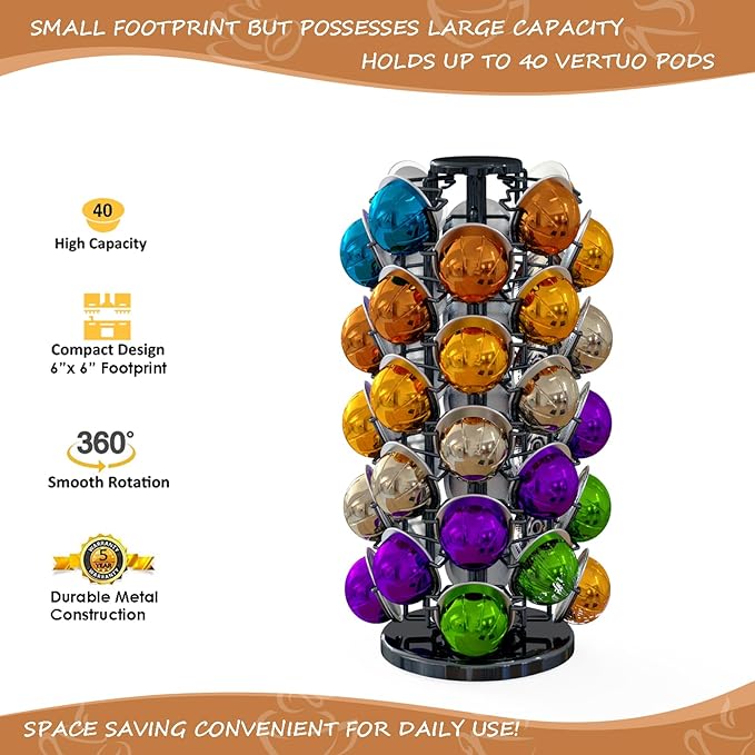 BLACKSMITH FAMILY Coffee Pods Holder Organizer, 360 Degrees Revolving Pod Carousel Compatible for 40 Nespresso Vertuo Pods No Assembly Required Nespresso Pods Holder Tower Stand,Piano Black