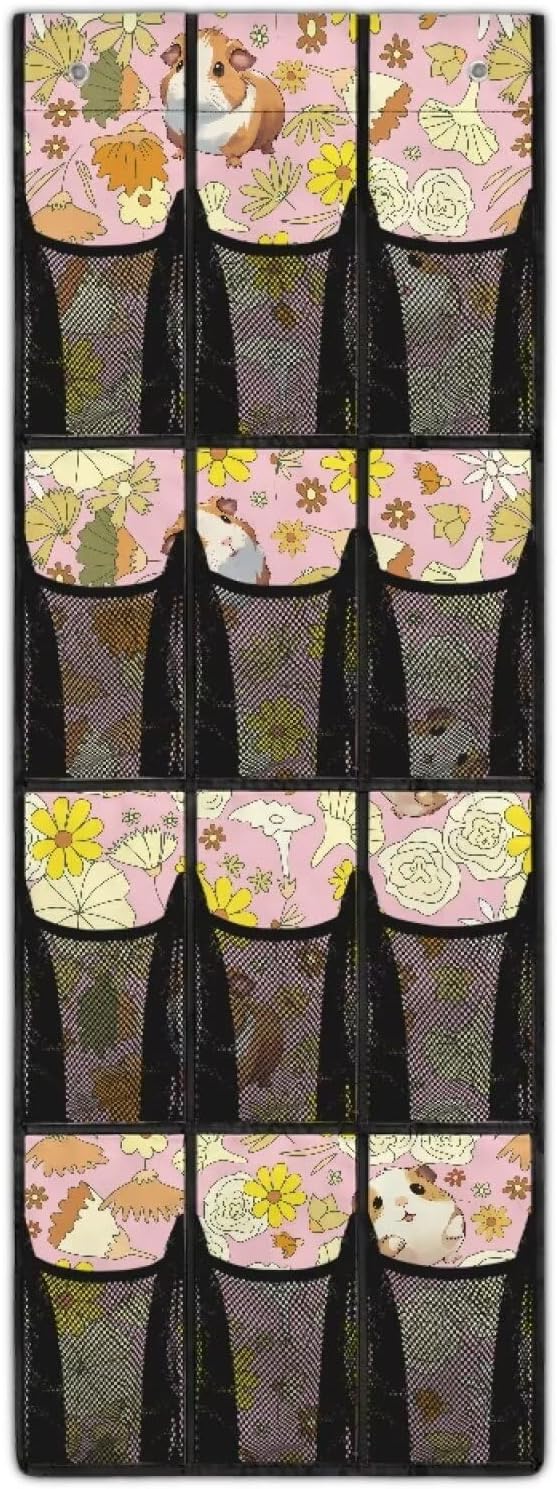 Pink Guinea Pig Hanging Door Organizer with 12 Multi-Pockets Large Capacity Door Hanging Shoe Organizer for Dorm Room Essentials,Easy to Install and Mesh Fabric