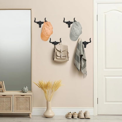 Foraineam 4 Pack Cowboy Hat Rack for Wall, Animal Head Metal Cowboy Hat Hanger Cap Holder, Cast Iron Western Longhorn Hooks for Closet Bedroom Living Room Hats Storage and Display Rustic Men's Gift