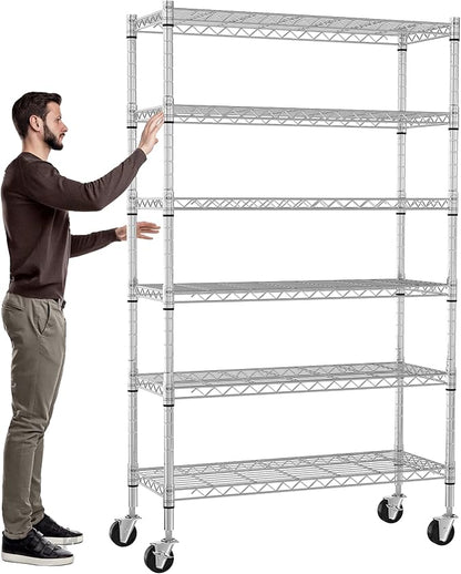 Storage Shelves with Wheels 6 Tier Wire Shelving Adjustable Metal Shelving Unit Heavy Duty NSF Shelf Capacity 2100lbs for Garage Rack, Kitchen, Closet, Commercial (45"x18"x82", Chrome)