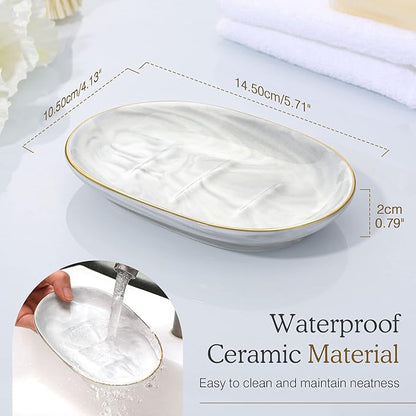 Luxspire Soap Dish Holder, Ceramic Marble Soap Tray Bar Soap Holder with Gold Trim, Oval Sponge Case Box Hand Soap Plate Container for Bathroom Vanity Shower Kitchen Sink Easy Cleaning, Marble White