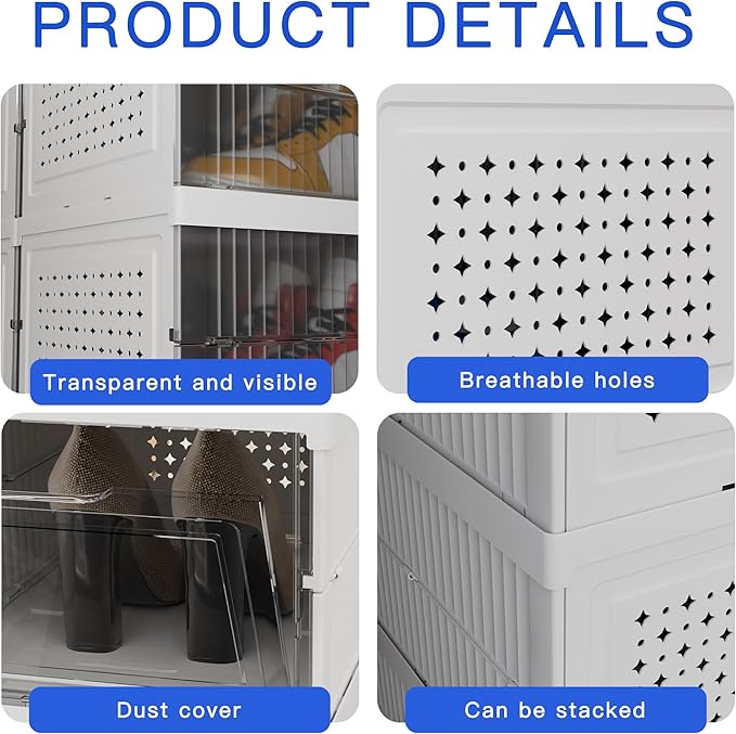 YIIHAA 6 Tier Shoe Rack Shoe Storage Box Size up to 14, No Assembly Stackable with Clear Door, Free Standing Shoe Shelf Cabinet with Lid, Plastic Shoe Rack (Whtie)