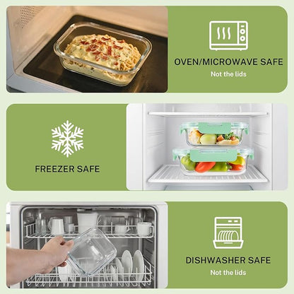 HOMBERKING 8 Pack Glass Food Storage Containers with Lids, Meal Prep Containers, Airtight Bento Boxes with Leak Proof Locking for Microwave, Oven, Freezer and Dishwasher, BPA Free, 5-35oz, light blue