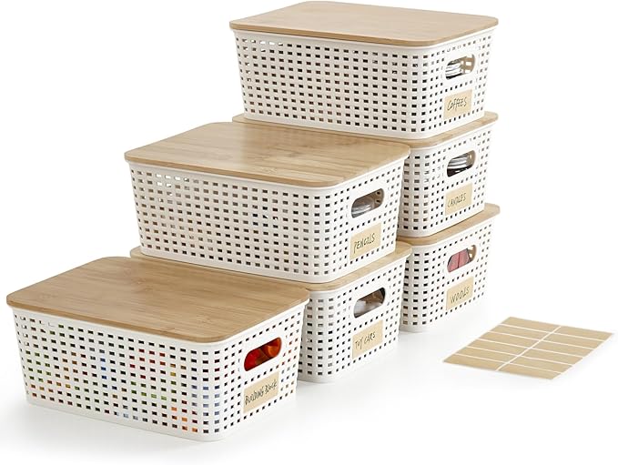 Bagnizer Small Plastic Storage Bins with Bamboo Lids 5.2qt Stackable Box Basket Pantry Decorative Containers Cute with Labels for Organizing Desktop Closet Office Cream White of 6 packs 10*7.2*4.1"