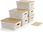 Bagnizer Small Plastic Storage Bins with Bamboo Lids 5.2qt Stackable Box Basket Pantry Decorative Containers Cute with Labels for Organizing Desktop Closet Office Cream White of 6 packs 10*7.2*4.1"