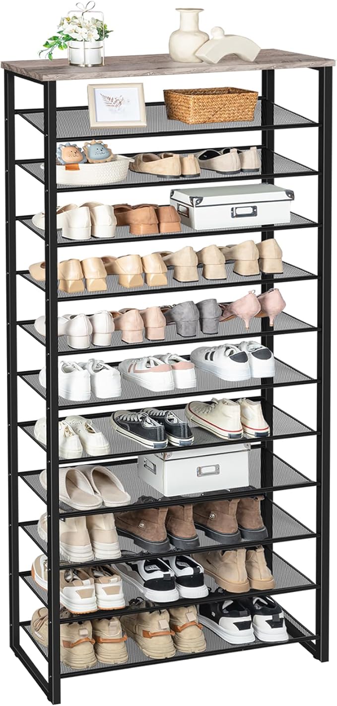 HOOBRO 12-Tier Shoe Rack for Entryway, 29.5" L Shoe Storage Organizer, Large Capacity Shoe Shelf for Closet, Front Door Entrance, Hallway, Holds 36-48 Pairs of Shoes, Greige and Black BG127XJ01