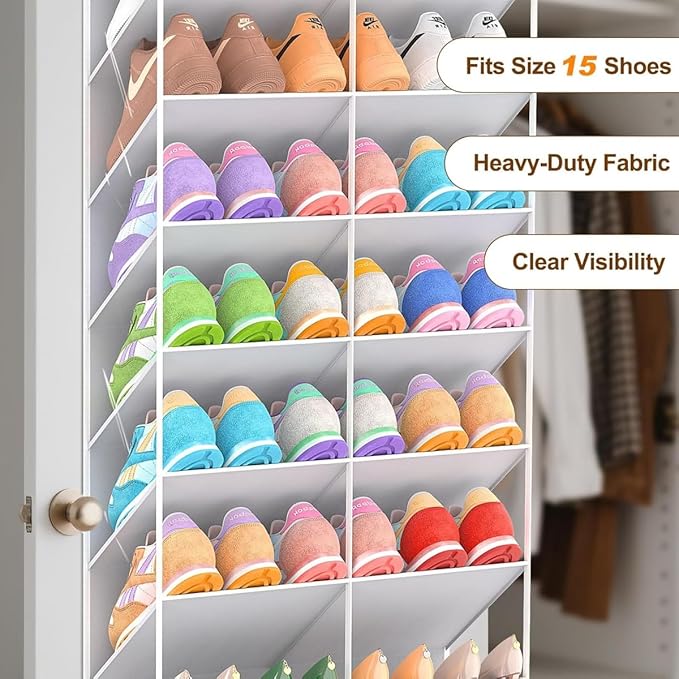 TAKE FIRE Over the Door Shoe Organizer: 10-Tier Clear Pocket Storage for Sneakers, Boots & Heels (20-30 Pairs, Black)