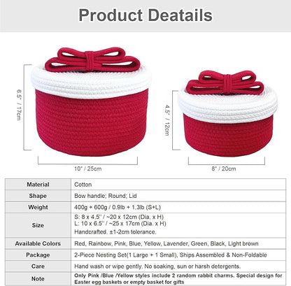 Small Storage Baskets with Lids, Round Woven Rope Basket with Lid, Cute Storage Box for Small Toy, Gift or Home Decor, Decorative Basket with Cute Bow Handle, Red