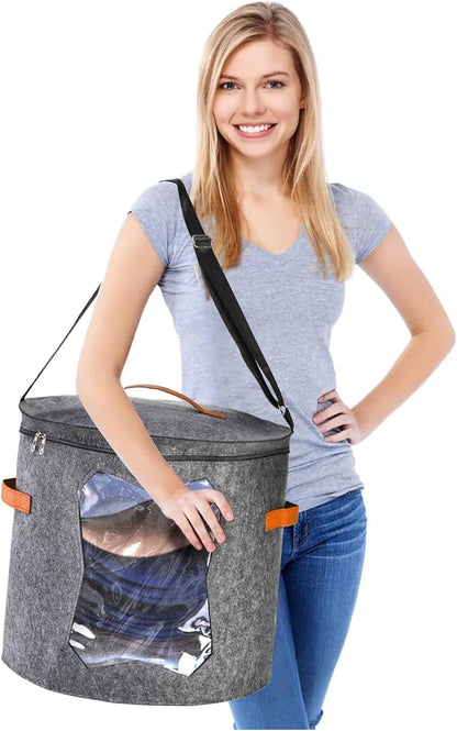 Yopay 2 Pack Hat Storage Boxes for Women, Oversized Round Travel Hat Container with Dust Proof Lid Window, Foldable Stuffed Toys Clothes Brim Hats Storage Organizer Bag Bin, Adjustable Shoulder Strap