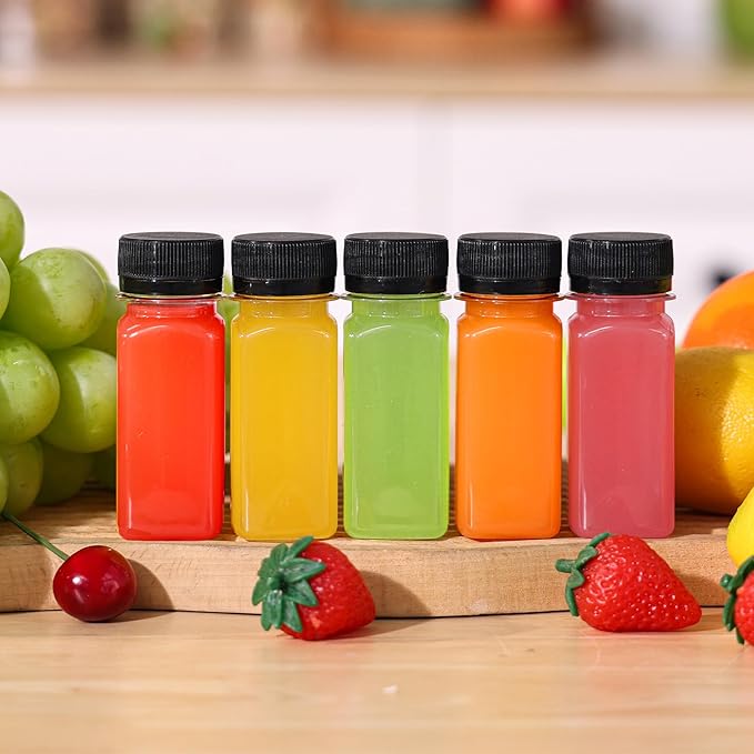 SUPERLELE 20pcs 2oz Plastic Shot Juice Bottles with Caps, Ginger Shot Bottles Reusable Clear Bulk Beverage Containers for Juice, Milk and Other Beverages