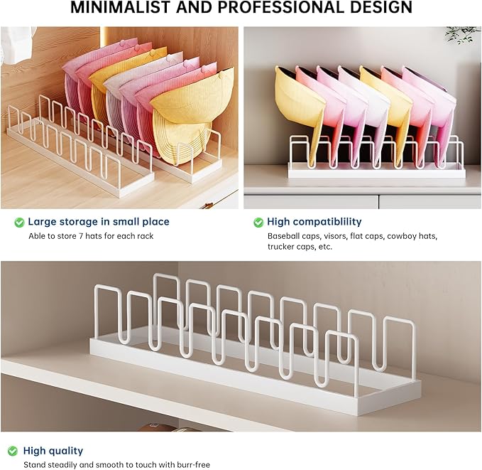 2 Pack Hat Stand for Baseball Caps Display and Organizer, Hat Holder, No Install Hat Organizer for 14 Baseball Caps for Bedroom, Closet, Dresser (White, Normal)