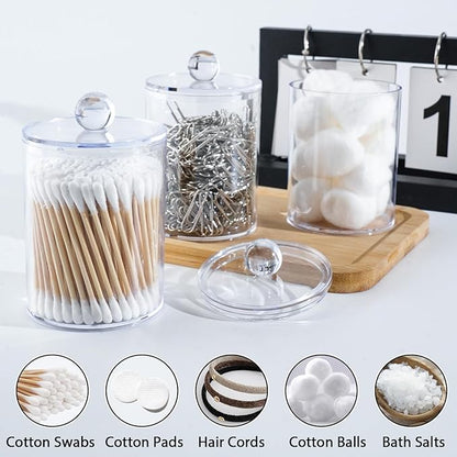 XIPENGKEJI 4 Pack Qtip Holder,Canister Apothecary Jar Set, Bathroom Jars with Lids Set for Cotton Swabs, Balls, Pads, Floss Picks,10oz-12oz Plastic Canisters Restroom Bedroom Vanity Organizer