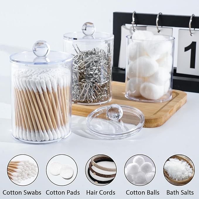 XIPENGKEJI 6 Pack Qtip Holder,Canister Apothecary Jar Set, Bathroom Jars with Lids Set for Cotton Swabs, Balls, Pads, Floss Picks,10oz-12oz Plastic Canisters Restroom Bedroom Vanity Organizer(Clear)