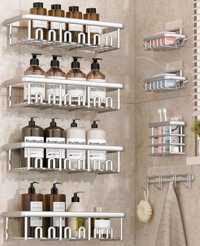 8 Pack Adhesive Rustproof Shower Caddy with Soap Dishes, Toothbrush Holder & Hooks, Large Capacity No-Drilling Shower Shelves Rack for Bathroom Organizers and Storage Accessories, Silver
