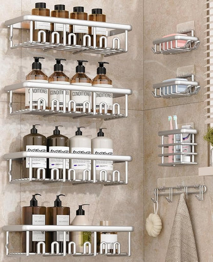 8 Pack Adhesive Rustproof Shower Caddy with Soap Dishes, Toothbrush Holder & Hooks, Large Capacity No-Drilling Shower Shelves Rack for Bathroom Organizers and Storage Accessories, Silver