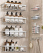 8 Pack Adhesive Rustproof Shower Caddy with Soap Dishes, Toothbrush Holder & Hooks, Large Capacity No-Drilling Shower Shelves Rack for Bathroom Organizers and Storage Accessories, Silver